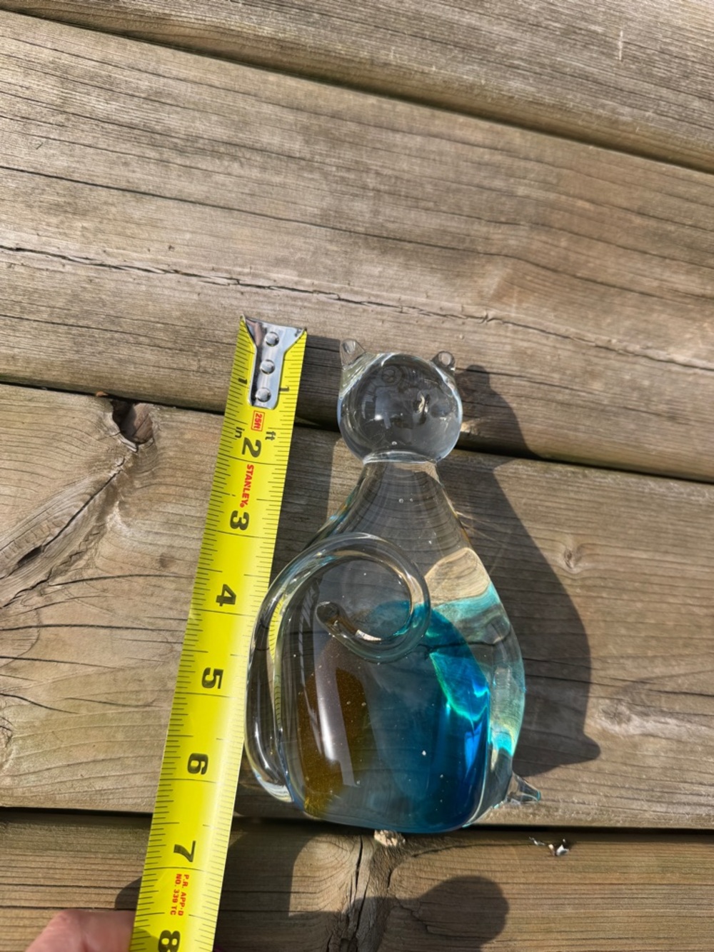 Art Glass Cat Figurine Blue Amber Controlled Bubble Hand Blown Style - Picture 3 of 9